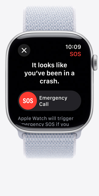 Apple Watch Series 10 的正面，顯示車禍偵測通知。