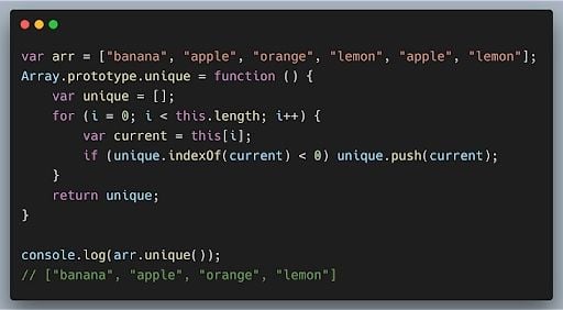 Another code example for removing duplicates from an array in JavaScript.
