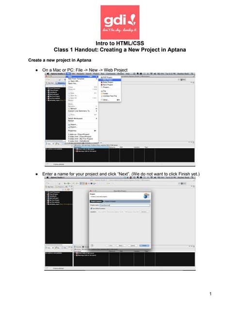 Class 1 handout (1) aptana  create a new presentation and stylesheet