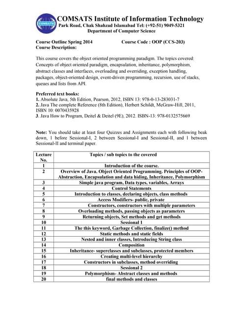 Course outline [csc241 object oriented programming]