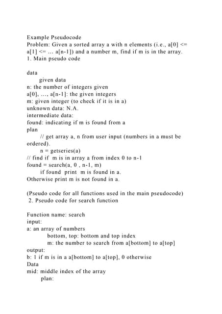 Example PseudocodeProblem Given a sorted array a with n elements .docx