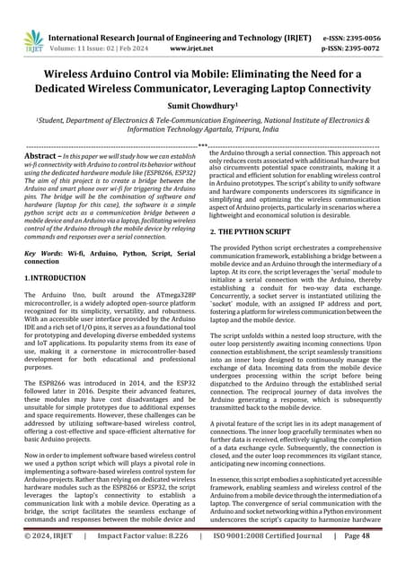 Wireless Arduino Control via Mobile: Eliminating the Need for a Dedicated Wir...