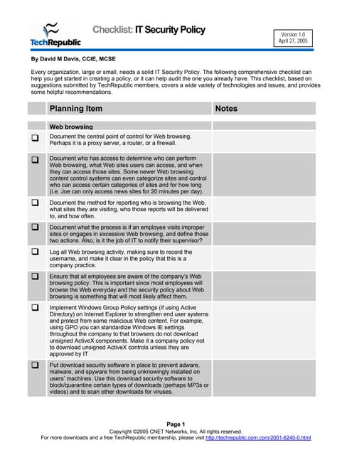 Security Policy Checklist