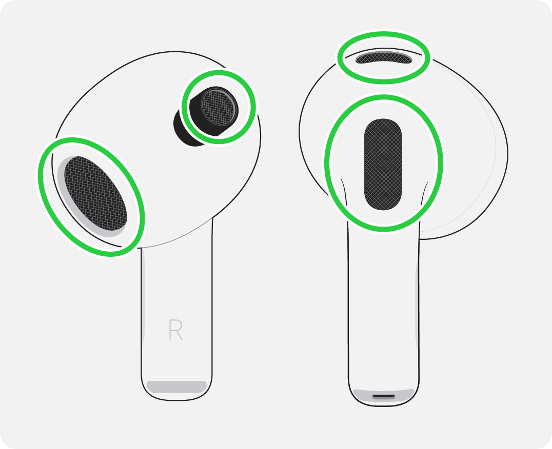 你可以清潔 AirPods 3 的通氣管網罩、防漏網罩和頂部咪高風。