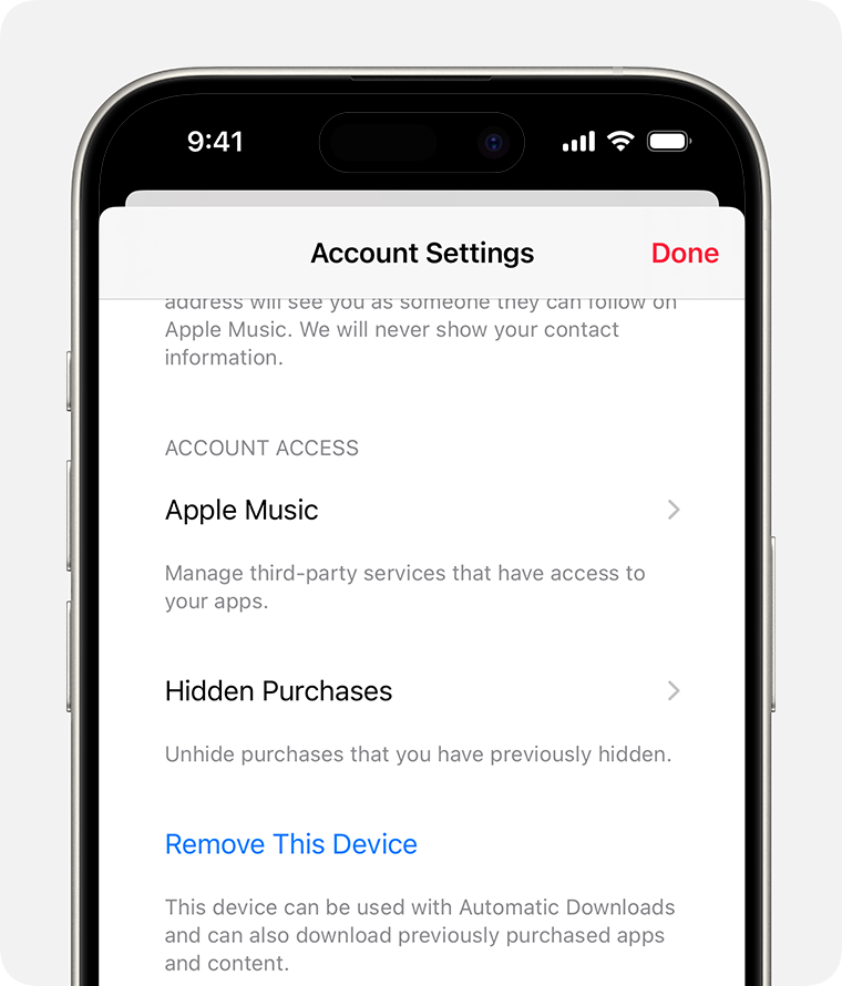 An iPhone showing rhe Account Settings screen in Apple Music. Hidden Purchases is in the middle of the screen.