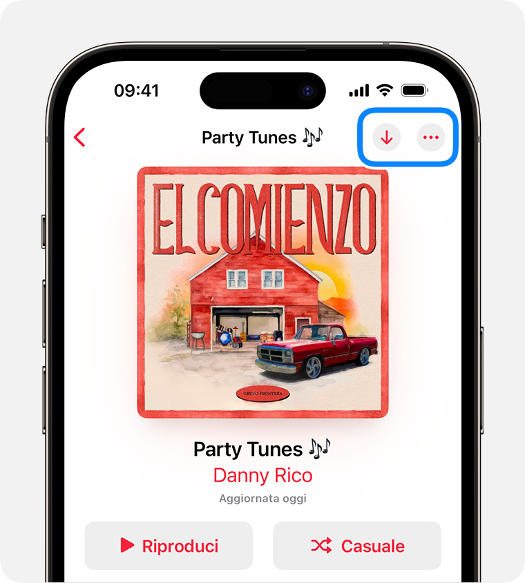 iPhone che mostra i pulsanti Scarica e Altro nell'app Apple Music.