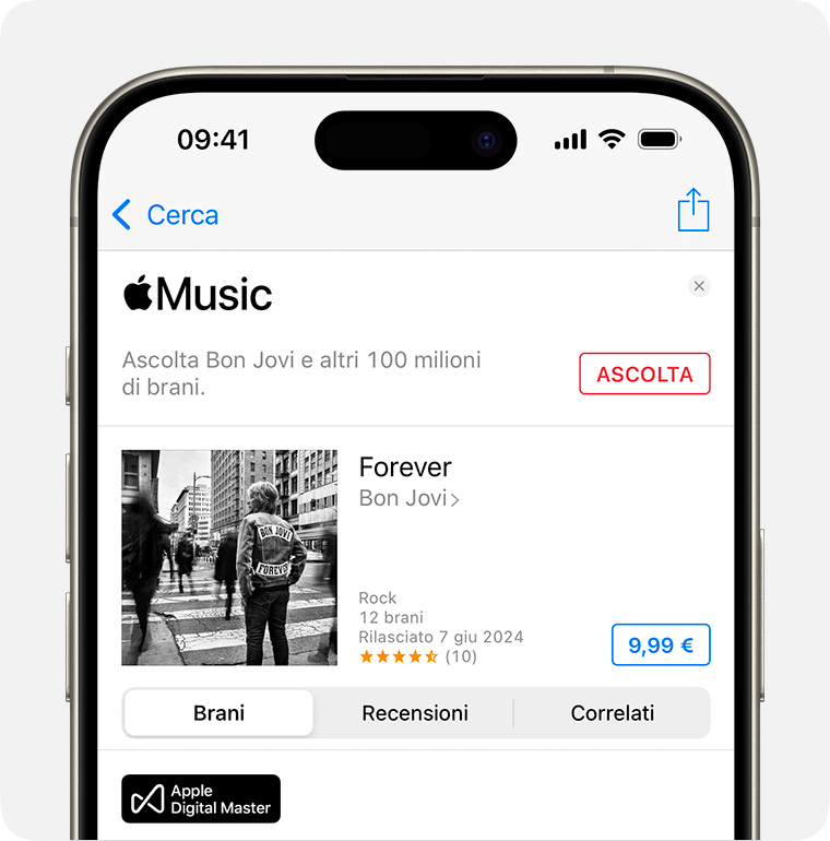 La schermata Acquista per Forever di Bon Jovi nell'iTunes Store. Il pulsante Acquista è situato a destra della schermata. È il prezzo dell'album in un riquadro blu. 