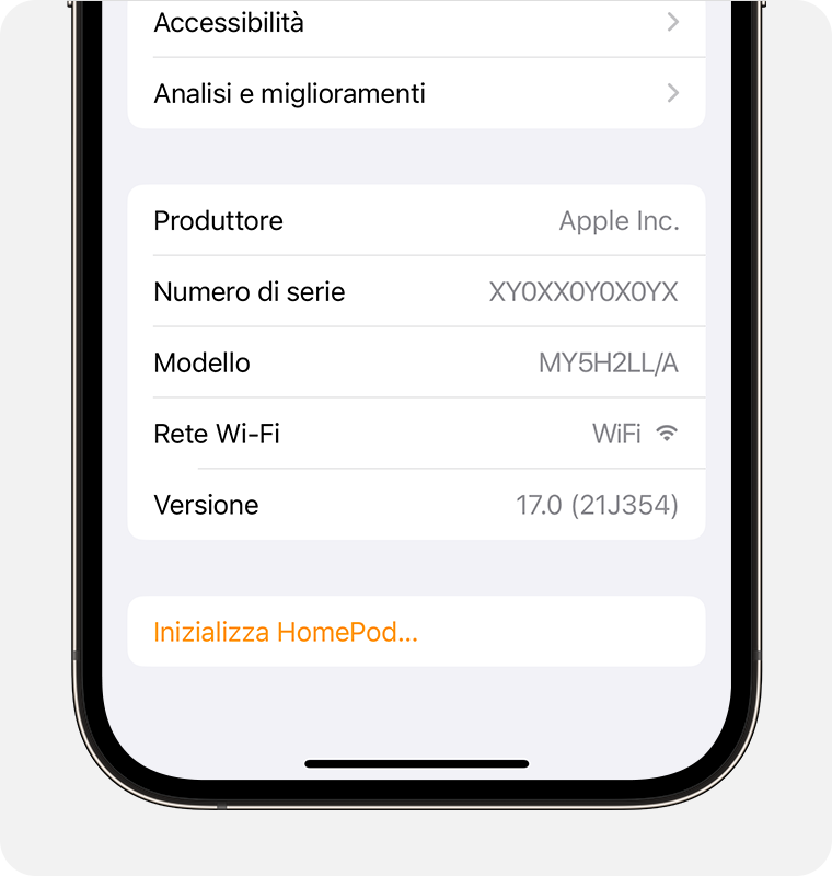 Schermata delle impostazioni dell'HomePod