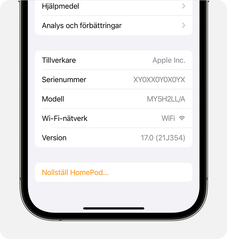 Inställningsskärm för Homepod