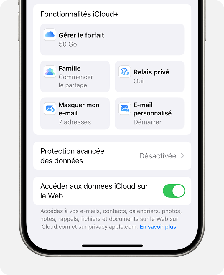 Écran d’iPhone affichant les étapes pour accéder à Gérer le forfait.