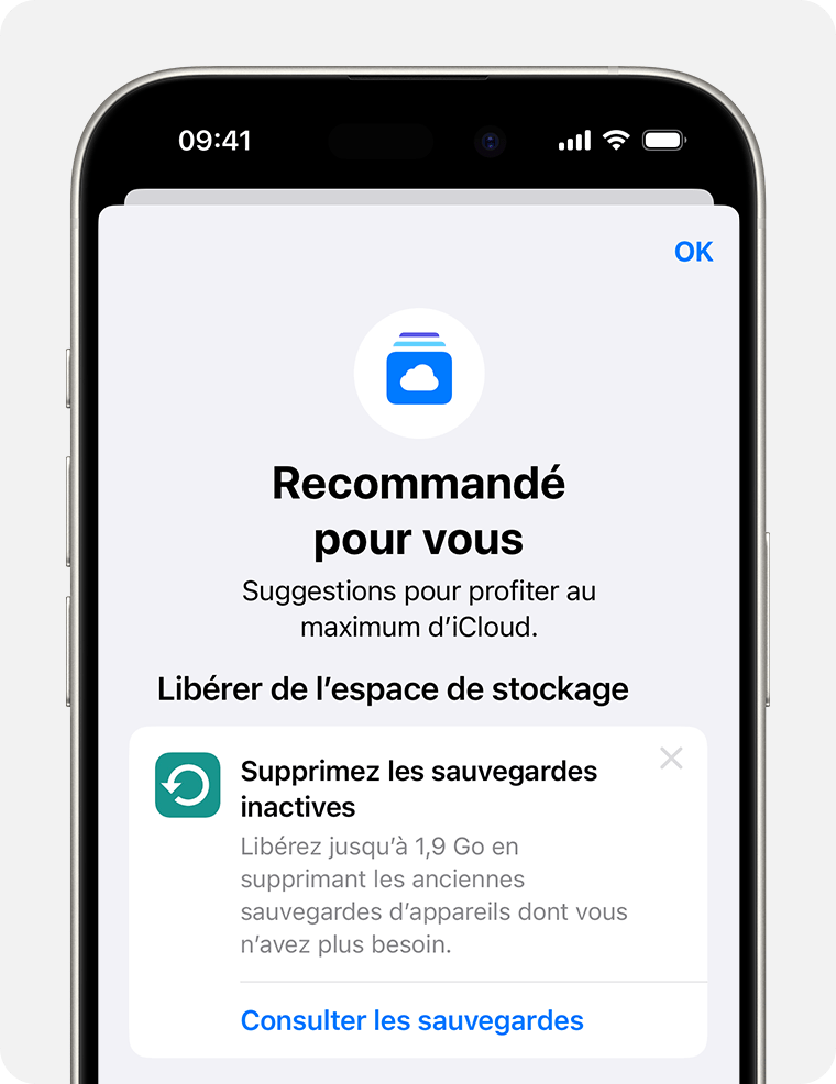 Écran d’iPhone affichant les suggestions Recommandé pour vous dans les réglages iCloud.