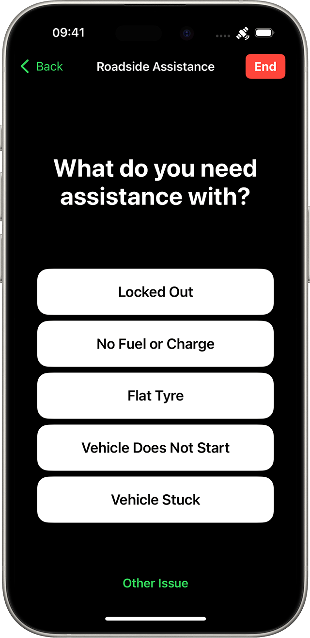 To request roadside assistance via satellite, answer the onscreen questions.