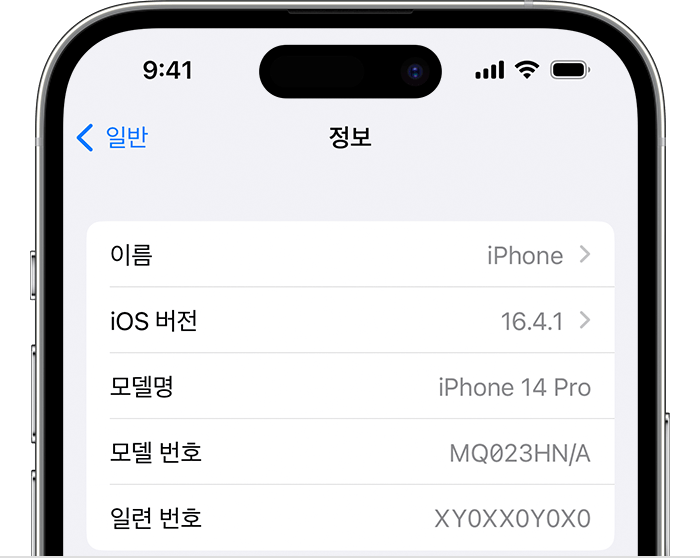 iPhone의 '정보' 화면.