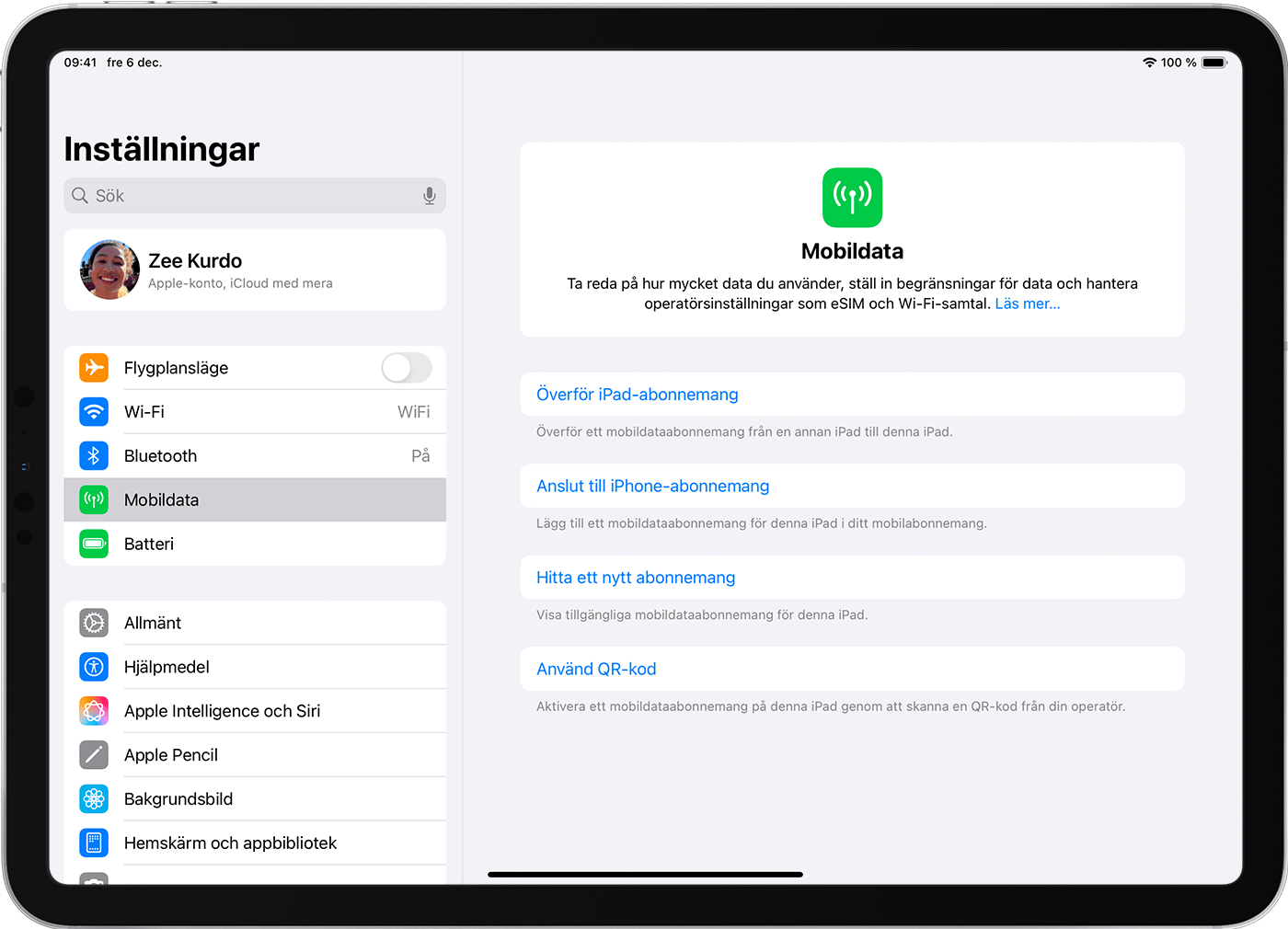 iPad Pro-skärm som visar alternativ för mobildataabonnemang för att ställa in eSIM.