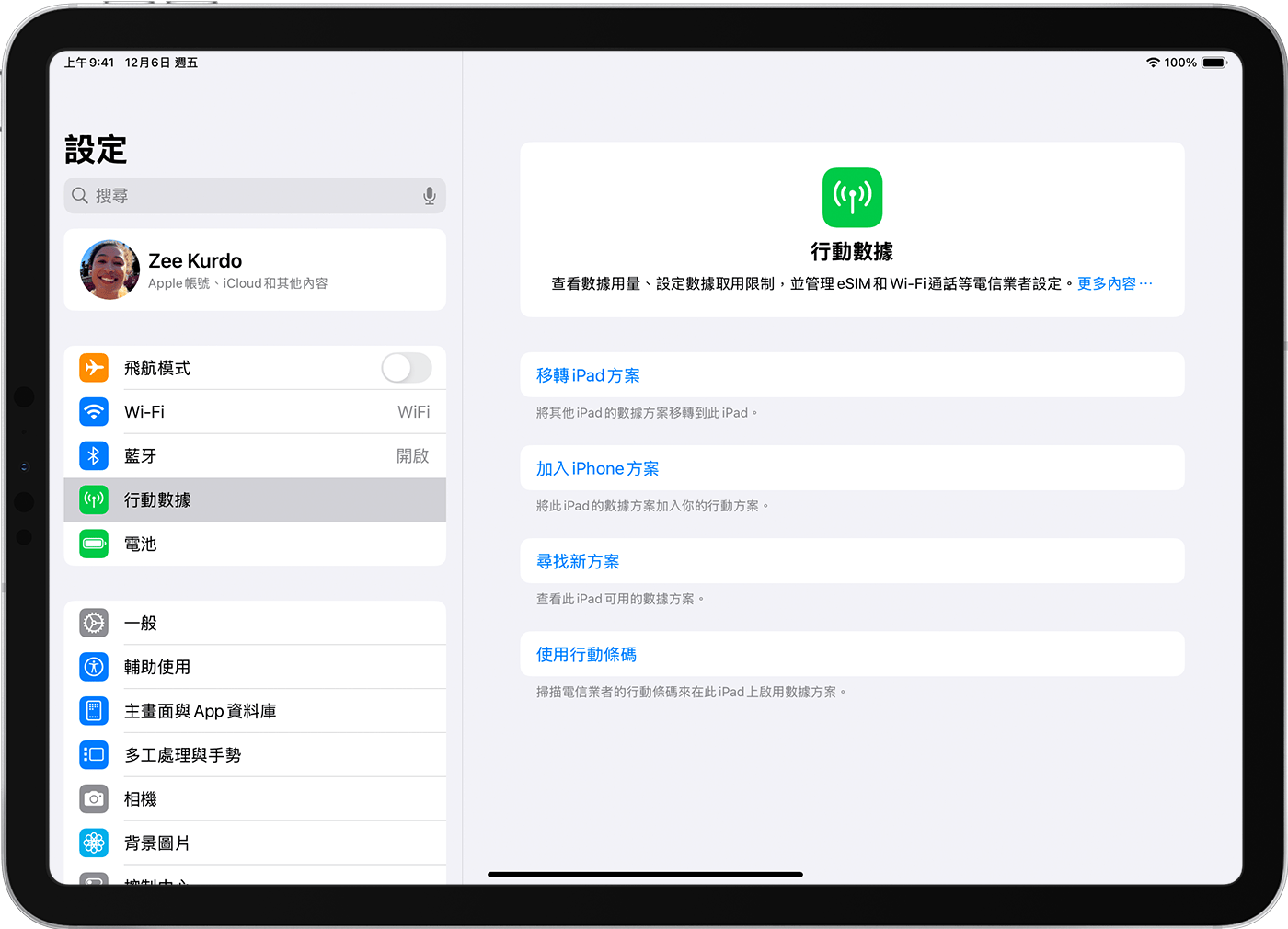 iPad Pro 螢幕上顯示設定 eSIM 的行動數據方案選項。