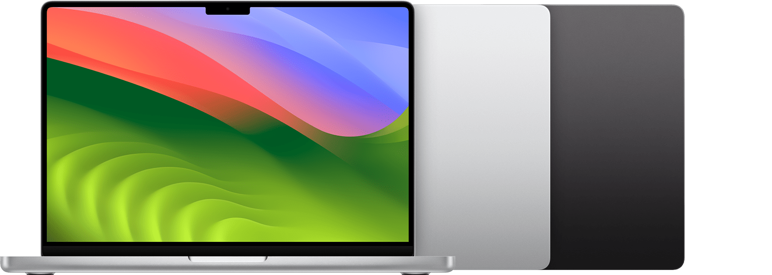 MacBook Pro (14″, November 2023) in Silber und Space Schwarz.