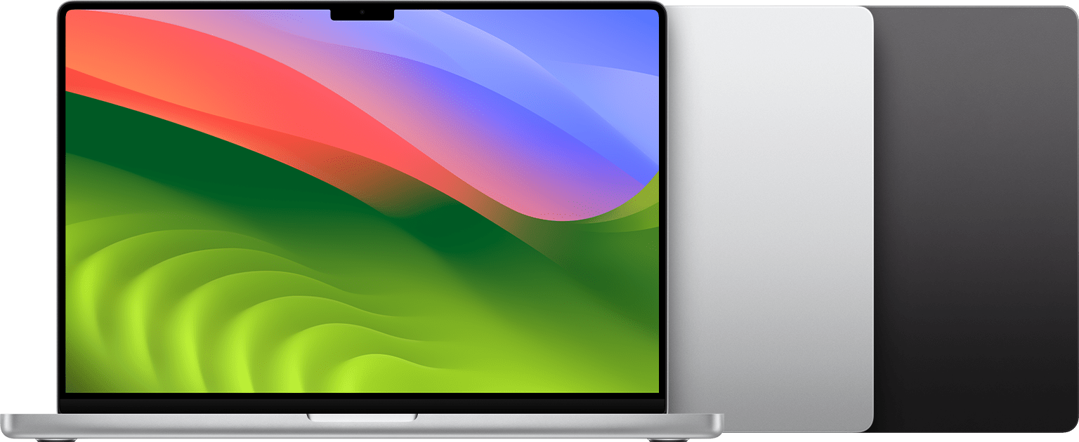 MacBook Pro (16″, November 2023) in Silber und Space Schwarz.