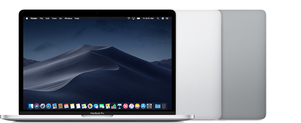 MacBook Pro (13″, 2018, zwei Thunderbolt 3-Anschlüsse) in Silber und Space Grau.