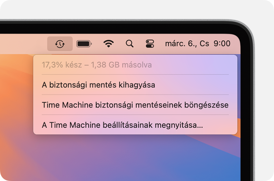 A Time Machine menüje, amelyben egy folyamatban lévő biztonsági mentés látható.