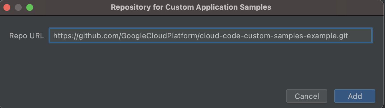 填入 HTTPS 格式的 Git 網址：https://github.com/GoogleCloudPlatform/cloud-code-samples.git