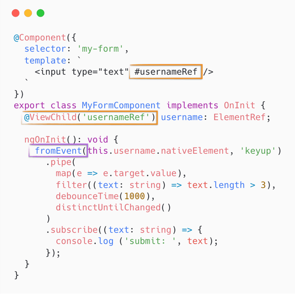 An image of a few lines of code to use Viewchild decorator to access an element. Reactive forms in Angular.
