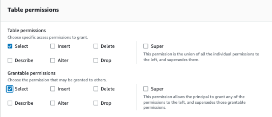 Figure 8: Selecting table permissions