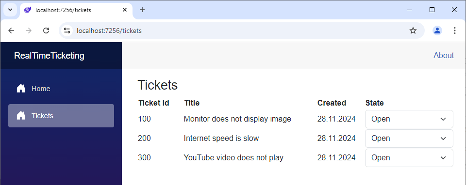 A browser window with a tickets overview rendering a table with three tickets. Each ticket has an ID, Title, Created, and State property. The state for all three tickets is Open.