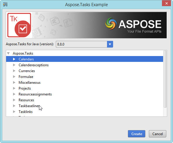 Seleccione Aspose.Tasks para el proyecto de ejemplo de Java Maven