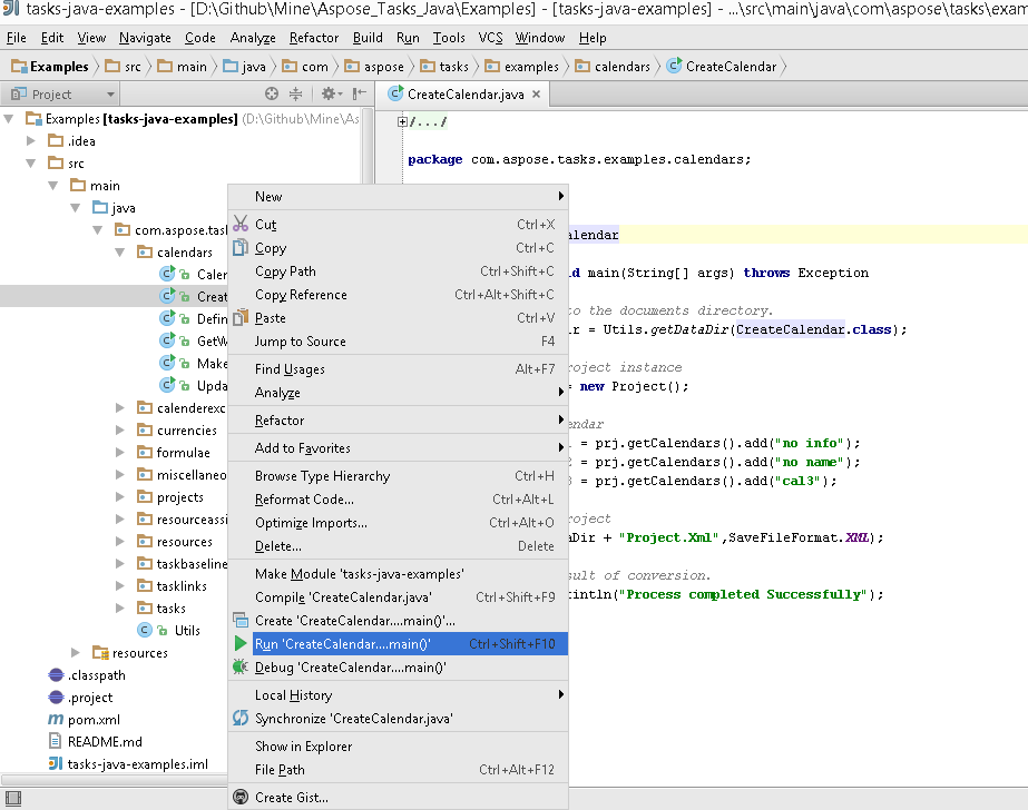 Стройте Aspose.Tasks для примеров Java в идее Intellij