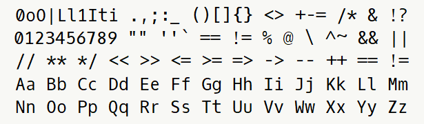 Font specimen for monospace font  (regular).