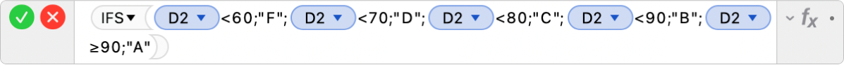 محرر الصيغ يعرض الصيغة =IFS‏(D2<60‏;"F"‏;D2<70‏;"D"‏;D2<80‏;"C"‏;D2<90‏;"B"‏;D2≥90‏;"A")‎.