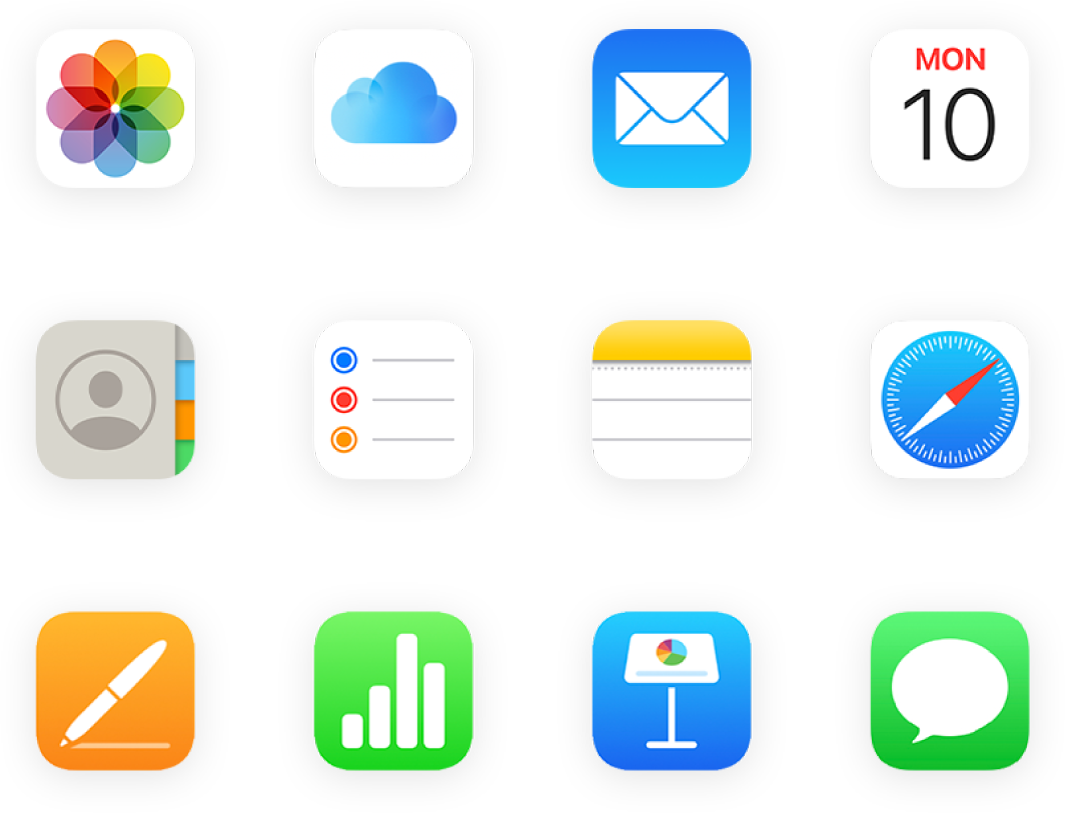 Rešetka ikona aplikacija među kojima su Fotografije, iCloud Drive, Mail i druge.
