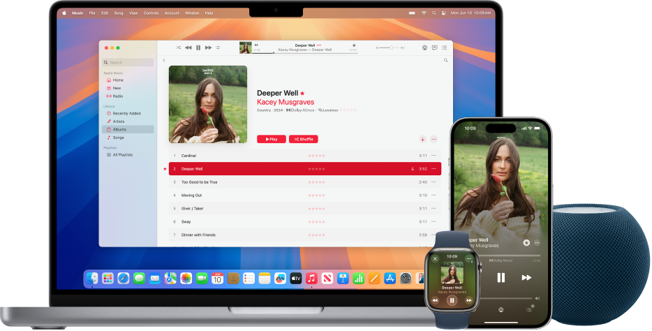 Ein Musiktitel, der auf einem Mac, einem iPhone, einer Apple Watch und einem HomePod abgespielt wird.