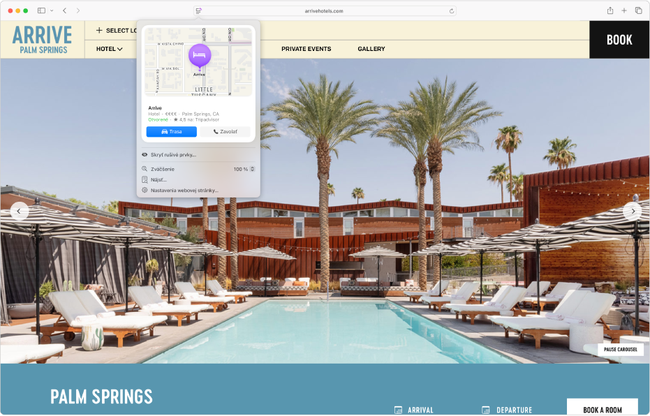 Apka Safari so zobrazeným zhrnutím webovej stránky hotelu v Palm Springs. Zhrnutie obsahuje mapu, tlačidlo na zavolanie do hotelu alebo zobrazenie trasy a odkaz na rezervačný formulár.
