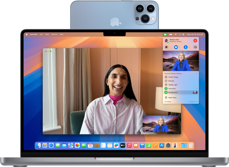 ਇੱਕ MacBook Pro ਜੋ iPhone ਨੂੰ ਵੈੱਬਕੈਮ ਵਜੋਂ ਵਰਤ ਰਿਹਾ ਹੈ ਅਤੇ FaceTime ਗੱਲਬਾਤ ਦਿਖਾ ਰਿਹਾ ਹੈ।