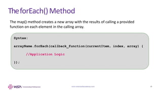www.webstackacademy.com ‹#›
TheforEach()Method
www.webstackacademy.com ‹#›
The map() method creates a new array with the results of calling a provided
function on each element in the calling array.
Syntax:
arrayName.forEach(callback_function(currentItem, index, array) {
//Application Logic
});
 