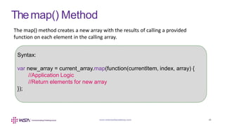 www.webstackacademy.com ‹#›
Themap() Method
www.webstackacademy.com ‹#›
The map() method creates a new array with the results of calling a provided
function on each element in the calling array.
Syntax:
var new_array = current_array.map(function(currentItem, index, array) {
//Application Logic
//Return elements for new array
});
 