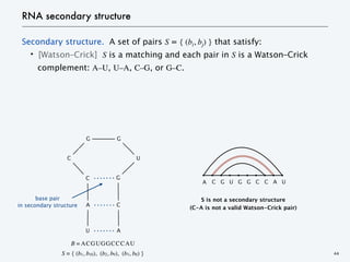 Secondary structure. A set of pairs S = { (bi, bj) } that satisfy:
・[Watson–Crick] S is a matching and each pair in S is a Watson–Crick
complement: A–U, U–A, C–G, or G–C.
RNA secondary structure
44
A C G U G G C C A U
S is not a secondary structure
(C-A is not a valid Watson-Crick pair)
B = ACGUGGCCCAU
S = { (b1, b10), (b2, b9), (b3, b8) }
base pair
in secondary structure
C
G G
C
A
G
C
U
U A
 