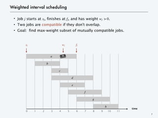 Weighted interval scheduling
・Job j starts at sj, finishes at fj, and has weight wj > 0.
・Two jobs are compatible if they don’t overlap.
・Goal: find max-weight subset of mutually compatible jobs.
7
time
f
g
h
e
a
b
c
d
0 1 2 3 4 5 6 7 8 9 10 11
sj fj
wj
 