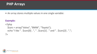 PHP Arrays
 An array stores multiple values in one single variable:
Example:
<?php
$cars = array("Volvo", "BMW", "Toyota");
echo "I like " . $cars[0] . ", " . $cars[1] . " and " . $cars[2] . ".";
?>
 