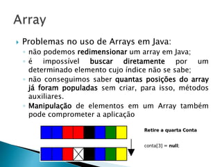  Problemas no uso de Arrays em Java:
◦ não podemos redimensionar um array em Java;
◦ é impossível buscar diretamente por um
determinado elemento cujo índice não se sabe;
◦ não conseguimos saber quantas posições do array
já foram populadas sem criar, para isso, métodos
auxiliares.
◦ Manipulação de elementos em um Array também
pode comprometer a aplicação
 