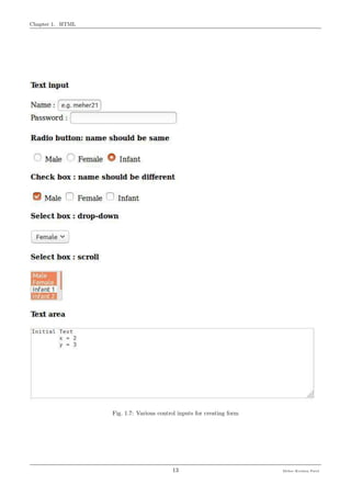 Chapter 1. HTML
Fig. 1.7: Various control inputs for creating form
13 Meher Krishna Patel
 