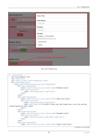 3.4. Components
Fig. 3.10: Modal form
<!-- Form elements -->
<h3> Form elements </h3>
<div class="row">
<div class="col-sm-5" style="background: pink">
<div class="panel-body">
<form class="form-horizontal tasi-form" method="get">
<div class="form-group">
<label class="col-sm-2 col-sm-2 control-label">Default</label>
<div class="col-sm-10">
<input class="form-control" type="text">
</div>
</div>
<div class="form-group">
<label class="col-sm-2 col-sm-2 control-label">Help text</label>
<div class="col-sm-10">
<input class="form-control" type="text">
<span class="help-block">A block of help text that breaks onto a new line and may␣
˓→extend beyond one line.</span>
</div>
</div>
<div class="form-group">
<label class="col-sm-2 col-sm-2 control-label">Rounder</label>
<div class="col-sm-10">
<input class="form-control round-input" type="text">
</div>
</div>
<div class="form-group">
<label class="col-sm-2 col-sm-2 control-label">Input focus</label>
(continues on next page)
34 PythonDSP
 