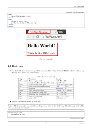 1.3. Basic tags
(continued from previous page)
<head>
<title>HTML Tutorial</title>
</head>
<body>
<h1> Hello World! </h1>
<p> This is the first HTML code </p>
</body>
</html>
Fig. 1.1: First code
1.3 Basic tags
• The Table 1.1 shows the list of tags which are required for writing the basic ‘HTML’ codes i.e. without any
style e.g. bold, italics and numbering etc.
Table 1.1: List of basic tags
Tag Description Example
h1, . . . , h6 Header tag h1 to h6 <h2> Hi </h2>
p paragraphs (Line changes at the end) <p> Hi </p>
span No line change after span <span>Hi</span> Bye.
div make division between contents <div> . . . </div>
a hyperlink see Section 1.9
center Move content to center <center> Hi </center>
br Line break (no closing tag) <br /> or <br>
hr horizontal line (no closing tag) <hr /> or <hr>
pre preserve formatting <pre> . . . . </pre>
table insert table see Section 1.5
• Let’s see the example of each of these tags,
Note: All the new codes are added below the previous codes in the ‘body’ tag. Therefore only newly added
codes are shown in the tutorial.
<h2> Heading 2 </h2>
<h6> Heading 6 </h6>
(continues on next page)
2 PythonDSP
 