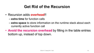 CSCE 411, Spring 2013: Set 5 25
Get Rid of the Recursion
• Recursion adds overhead!!
– extra time for function calls
– extra space to store information on the runtime stack about each
currently active function call
• Avoid the recursion overhead by filling in the table entries
bottom up, instead of top down.
 