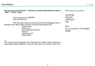 Correlation

4. VuGen

web_reg_save_param("param1", "LB=select_arrange=headnum&desc=asc&no=",
"RB="", "Ord=2", LAST);

lr_start_transaction("게시물목록");
web_url("zboard.php",
"URL=http://guru.mireene.com/bbs/zboard.php?id=Testing&page=1&sn1=
&divpage=1&sn=off&ss=on&sc=on&select_arrange=headnum&desc=asc",
"TargetFrame=",
"Resource=0",
"RecContentType=text/html",
"Referer=",
"Snapshot=t8.inf",
"Mode=HTML",

<a
href="view.php?id=Testing&page=1&sn1=&divpage=1&sn=off&ss=on&sc=on&select_arr
ange=headnum&desc=asc&no=5" >test3</a> <font class=zv3_comment></font></td>

73

Web_reg_save_param
파라미터명
왼쪽 글자
오른쪽 글자
순번
참고
Auto Correlation 2가지 방법이
존재함.

 