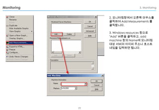 Monitoring

5. Monitoring

2. 모니터링창에서 오른쪽 마우스를
클릭하여 Add Measurements 를
클릭합니다.
3. Windows resources 창으로
"Add" 버튼을 클릭하고, add
machine 창의 Name에 모니터링
대상 서버의 아이피 주소나 호스트
네임을 입력하면 됩니다.

77

 