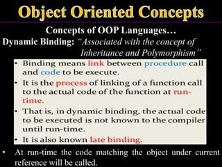 Concepts of OOP Languages…
Dynamic Binding: “Associated with the concept of
Inheritance and Polymorphism”
• At run-time the code matching the object under current
reference will be called.
 