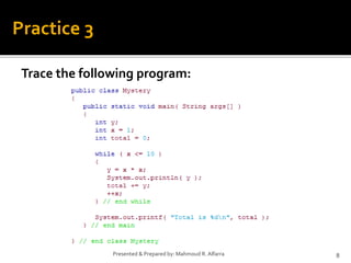 Trace the following program:
8
Presented & Prepared by: Mahmoud R. Alfarra
Practice 3
 