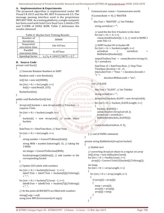 International Journal of Trend in Scientific Research and Development (IJTSRD) @ www.ijtsrd.com eISSN: 2456-6470
@ IJTSRD | Unique Paper ID - IJTSRD22947 | Volume – 3 | Issue – 3 | Mar-Apr 2019 Page: 706
A. Implementation & Experiments
The proposed algorithm is implemented under MS
Visual C# 2015 and the MS .NET Framework 3.5. The
message passing interface used is the proprietary
MPI.NET SDK. As a testing platform, a single computer
has been used with Intel Core Dual Core 1.66Ghz CPU
and 512MB of DDR2 RAM. Table 2 delineates the
results obtained
Table 2: Bucket Sort Testing Results
Number of
iterations
30000
Sequential
execution time
10s 437ms
Parallel
execution time
3s 875ms
Speedup factor ts / tp = 10437/3875 = 2.7
B. Source Code
private void Start()
{
// Generate Random Numbers to SORT
Random rand = new Random();
int[] list = new int[30000];
for (int i = 0; i < list.Length; i++)
list[i] = rand.Next(0, 255);
BucketSort(list);
}
public void BucketSort(int[] list)
{
ArrayList[] buckets = new ArrayList[8];// 8 buckets -->
requires 3-bits
for (int i = 0; i < buckets.Length; i++)
{
buckets[i] = new ArrayList(); // create object
buckets
}
DateTime t1 = DateTime.Now; // Start Time
for (int i = 0; i < list.Length; i++)
{
string number = ConvertToBinary(list[i]);
string MSB = number.Substring(0, 3); // taking the
3 MSBs
int integer = ConvertToDecimal(MSB);
buckets[integer].Add(list[i]); // add number to the
corresponding bucket
}
// Update GUI Labels with numbers
for (int i = 0; i < buckets[6].Count - 1; i++)
label7.Text = label7.Text + buckets[6][i].ToString()
+ ", ";
for (int i = 0; i < buckets[7].Count - 1; i++)
label8.Text = label8.Text + buckets[7][i].ToString()
+ ", ";
// At this point all BUCKETS are filled with numbers
string[] args = null;
using (new MPI.Environment(ref args))
{
Communicator comm = Communicator.world;
if (comm.Rank == 0) // MASTER
{
this.Text = "MASTER"; // Set TitleBar
string sortedList = "";
// send the the first 4 buckets to the slave
for (int i = 0; i < 4; i++)
comm.Send(buckets[i], 1, i); // send to RANK 1
with TAG i+1
// SORT bucket #5 to bucket #8
for (int i = 4; i < buckets.Length; i++)
sortedList = sortedList +
BubbleSort(buckets[i]);
outputTextbox.Text = comm.Receive<string>(1,
5) + sortedList;
DateTime t2 = DateTime.Now; // Stop Time
TimeSpan duration = t2 - t1;
timeLabel.Text = "Time: " + duration.Seconds +
"s " +
duration.Milliseconds + "ms";
}
else // SLAVE
{
this.Text = "SLAVE"; // Set TitleBar
string sortedList = "";
ArrayList[] buckets_SLAVE = new ArrayList[4];
for (int i = 0; i < buckets_SLAVE.Length; i++)
{
buckets_SLAVE[i] =
comm.Receive<ArrayList>(0, i);
sortedList = sortedList +
BubbleSort(buckets_SLAVE[i]);
}
comm.Send(sortedList, 0, 5);
}
} // end of USING statement
}
private string BubbleSort(ArrayList bucket)
{
// Bubble Sort
// converting ArrayList object to a regular int array
int[] array = new int[bucket.Count];
for (int i = 0; i < bucket.Count; i++)
array[i] = Convert.ToInt32(bucket[i].ToString());
int temp;
for (int i = 0; i < array.Length; i++)
{
for (int j = 0; j < array.Length; j++)
{
if (array[i] < array[j])
{
temp = array[i];
array[i] = array[j];
array[j] = temp;
}
}
}
 